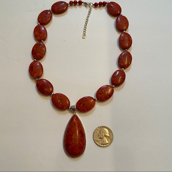 LUCAS LAMETH NECKLACE RED STONE CORAL 925 STERLING SILVER 18” SIGNED - Picture 3 of 7